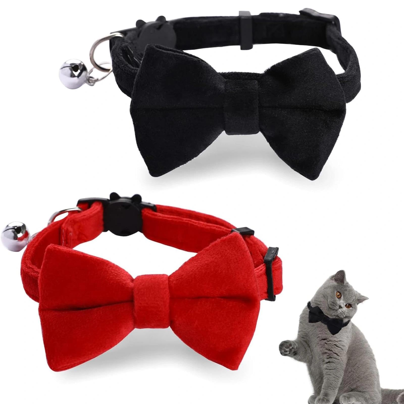 Aczyqws 2 Pcs Velvet Bowtie Cat Collar with Bell Adjustable Breakaway Cat Collars Kitten Small Puppy Safety Bow Tie Solid Wedding Red Cat Collar for Boy Girl Cats