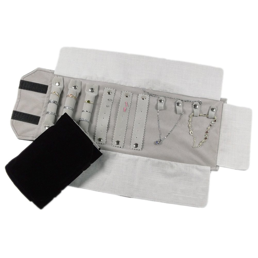 Small Velvet Travel Jewellery Roll Bag Organiser for Necklace Earrings Rings, Black