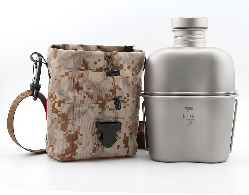 Keith 1100ml+700ml Titanium Army Canteen with Cup Outdoor Dual-use Water Bottle Camping Kettle with Carry Bag