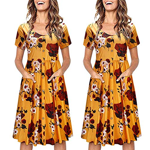 Respctful✿Women's Halter Neck Summer Dress Casual Sundress with Sun Floral Printed Maxi Long A-Lined Dress Yellow - Thumbnail 7