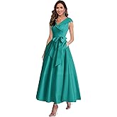 SoDigne Tea Length A Line Mother of The Bride Dresses with Bow V Neck Pockets Formal Evening Gown for Women