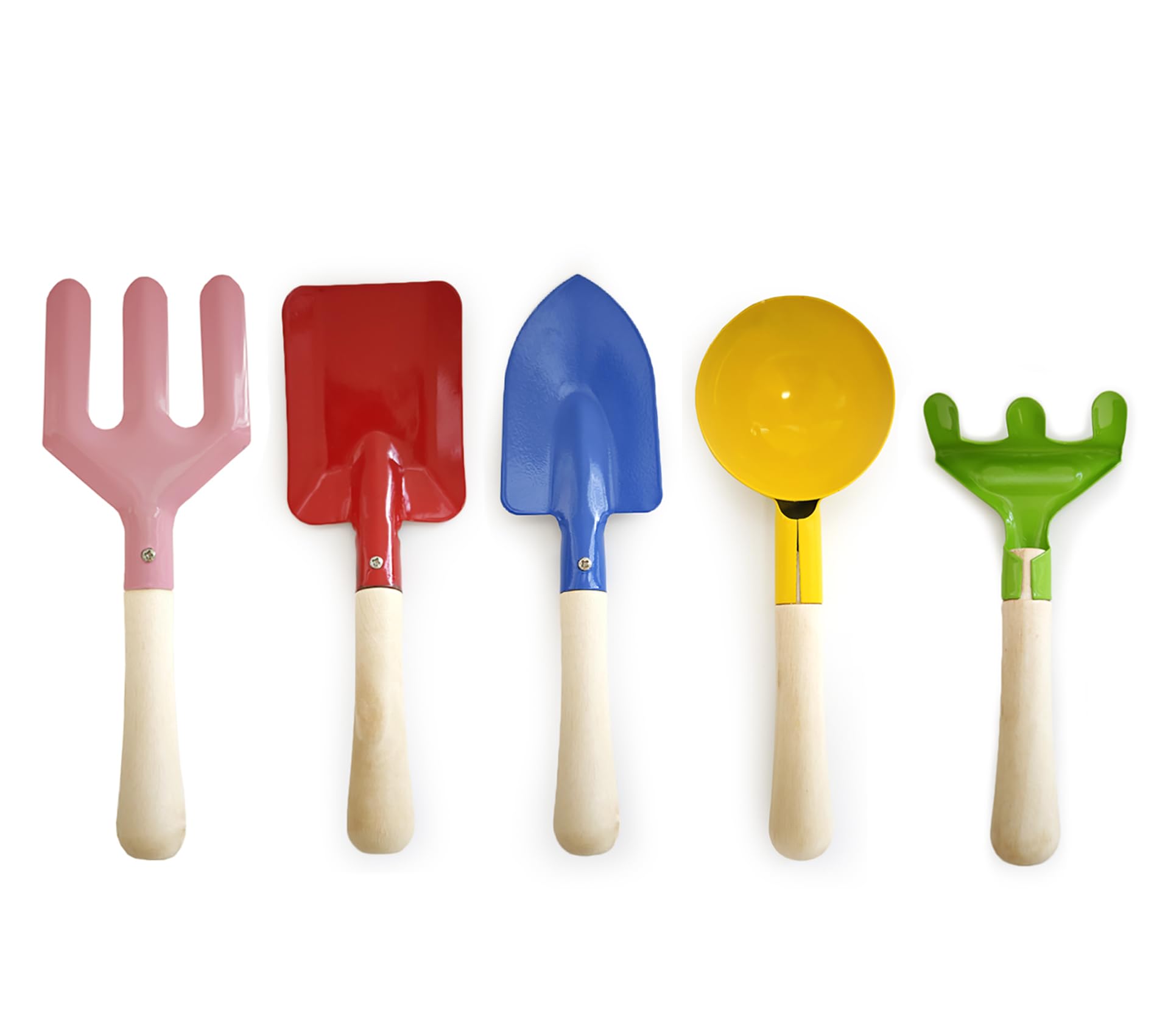 KY-Tech Beach Toys for Kids, 5 Piece Sand Toys for Kids, Sand Pit Toys Spade Beach Set Made of Metal with Sturdy Wooden Handle Sand Spade, Fork, Trowel, Spoon & Rake for Kids