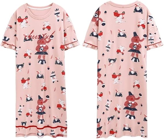 Amazon ワンピースパジャマ 部屋着 レディース Tタイプ 夏 薄手 綿100 フリル カートゥーン ゆったり かわいい 快適 着やすい 肌に優しい 敏感肌 柔らか 吸汗 通気 ルームウェア 寝巻き M Xxl ピンク 贈り物 ギフト ルームワンピース ネグリジェ 通販