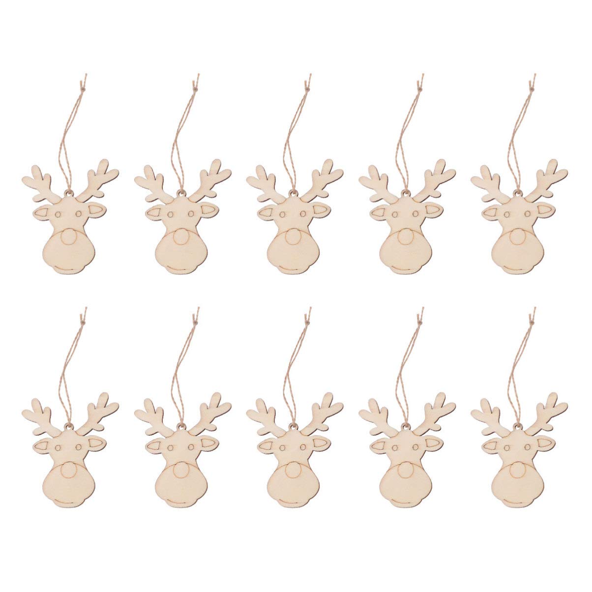 PRETYZOOM 10pcs Wooden Deer Head Ornament Christmas Blank Reindeer Hanging Pendant DIY Craft Accessory for Xmas Tree Decoration