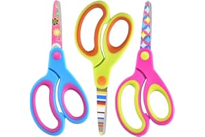 Zicolu Kids Scissors Set, Safety Children Scissors with Blunt-Tip Floral Print Blade and Soft Grip, Great for DIY, Arts, Home, School Classroom Use, Blue/Purple/Yellow