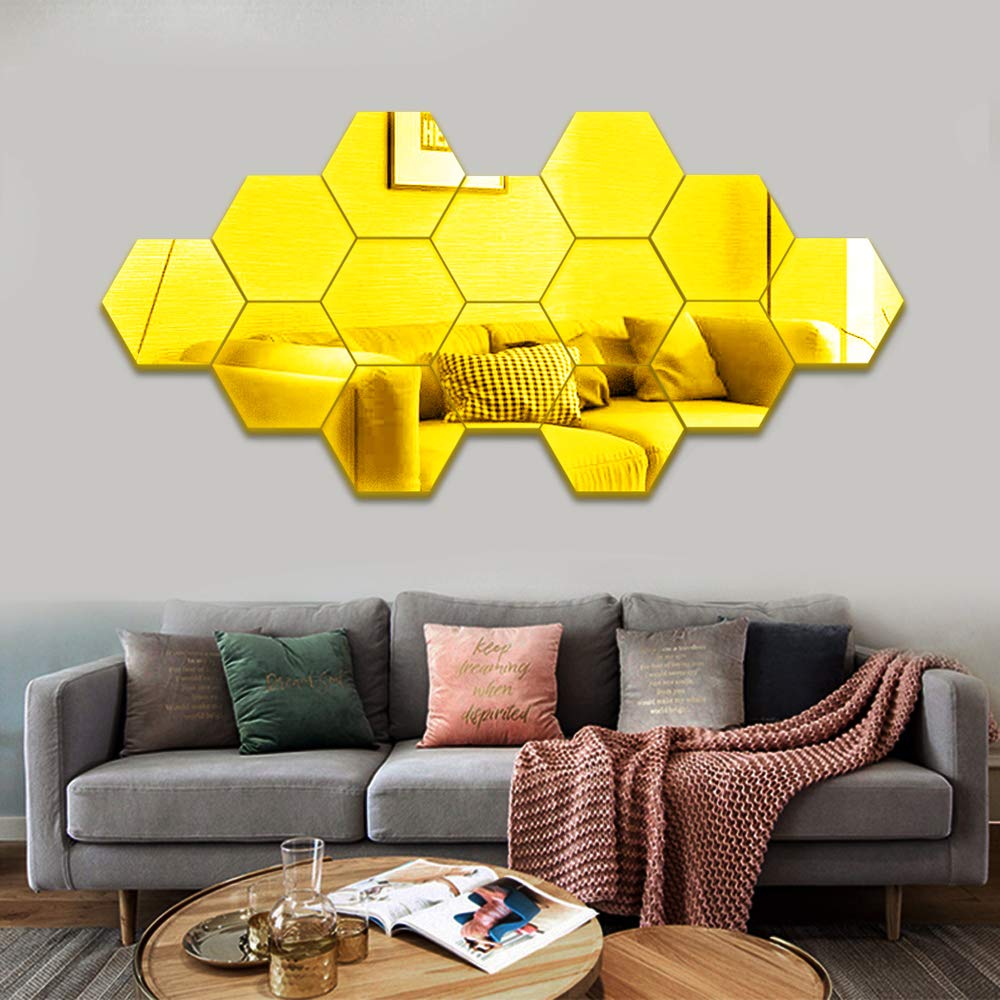Lokiiz 14 Large Hexagon Acrylic Plastic Wall Stickers - Art Decoration Wall Mirror Tiles for DIY Setting - Home, Office, Bedroom, Gym Decor