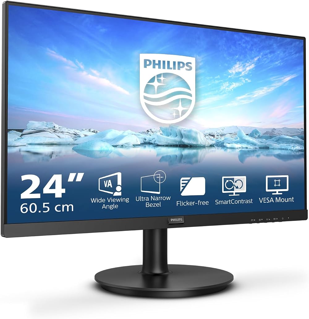 Philips 241V8L 24 Inch FHD Monitor 75Hz 4ms VA LowBlue Flickerfree HDMI VGA