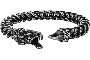 LCTrusttmor Gahna Viking Dragon Bracelet for Men, 316L Stainless Steel Cuban Link Chain 10mm Width, 8 Inch Length, Vintage Silver/Black/Steel/Gold, Punk Norse Jewelry Gifts for Him Husband