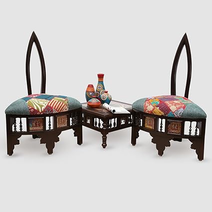 ExclusiveLane Teak Wood Modern Low Rise Living Room Cum Lobby Chair & Table Set With Dhokra & Patch Work -wooden chair sofa chair for home living room rest chair Dining Set Wooden Dining Table Chair Set For Living Room Hall Table Chair Set Coffee Table Chair Set For Garden