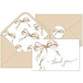 Whaline 24Pcs Beige Bow Thank You Cards with Envelopes and Stickers Watercolor Bow Greeting Card Beige Blank Note Card for Party Supplies