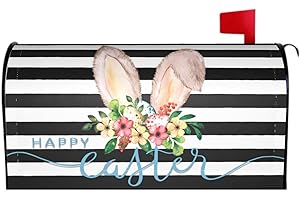SWEETSHOW Happy Easter Mailbox Covers Magnetic Standard Size 18 X 21 Rabbit Floral Eggs Striped Print Black Mailbox Cover Holiday Decorations Mailbox Wrap Post Letter Box Cover Decor for Home Outdoor Garden