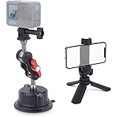Mechrig Suction Cup Camera Mount Kit with Tripod Mount Adapter, Mini Tripod with 360°Phone Holder & Dual Cold Shoes for Go Pro Hero, DJl OSMO Action,Insta360 X4/X3/DSLR/Smartphone -SJ020