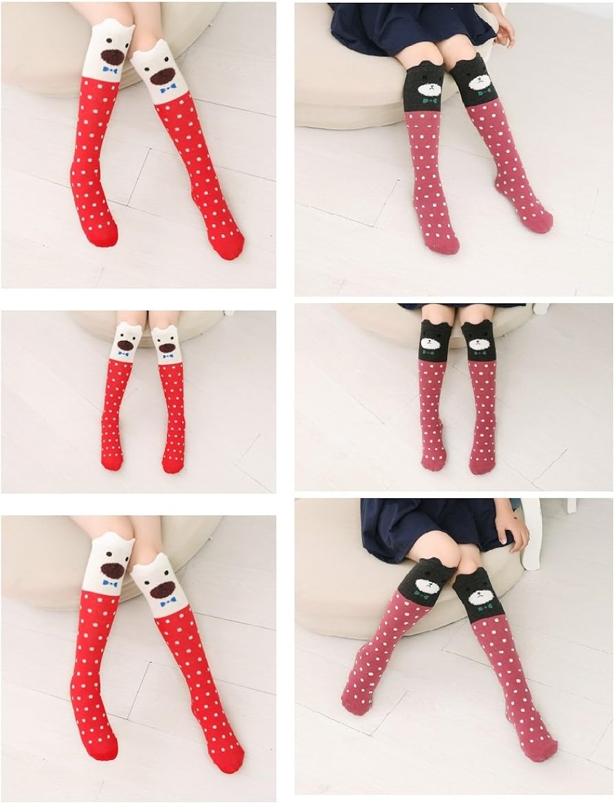 Cartoon Animal Cat Bear Fox Cotton over Calf Knee High Socks One Size 6 Colors: Clothing