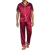 Ekouaer Mens Satin Pajama Set Short Sleeve Button Down Sleepwear Classic Loungewear Set with Long Pants