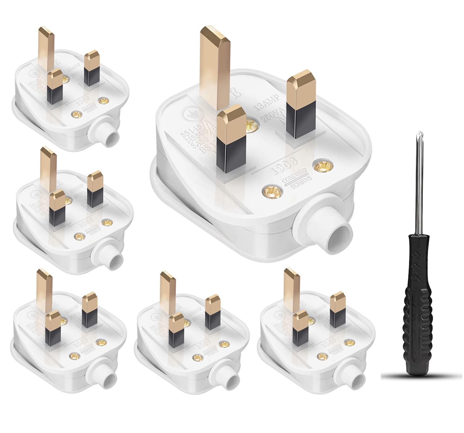 Heavy Duty Practical 6 Pack 3 Pin 13 Amp Fused Mains Plug - Rewireable with Cord Grip -White (250V UK 6 Pack)