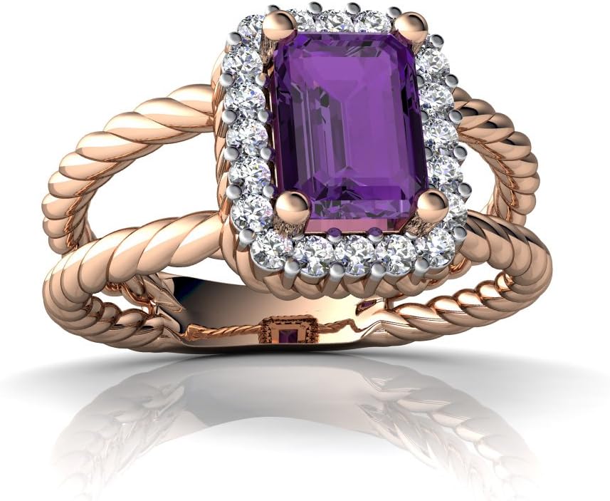 14kt Gold Amethyst and Diamond 7x5mm Emerald_Cut Rope Split Band Ring