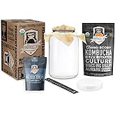 Kombucha Essentials Kit - Includes USDA Organic Kombucha SCOBY + 1-Gallon Glass Fermenting Jar with Breathable Cover + pH Strips + Rubber Band + Adhesive Thermometer - Brew kombucha at Home