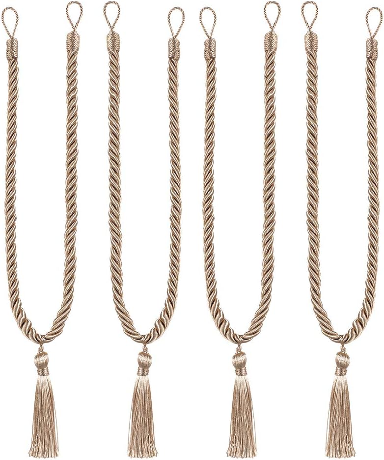Home Queen Decorative Tassel Rope Tie Backs for Window Curtain, Hand Knitting Buckle Cord Drapery Tieback, 4 Pieces, Taupe