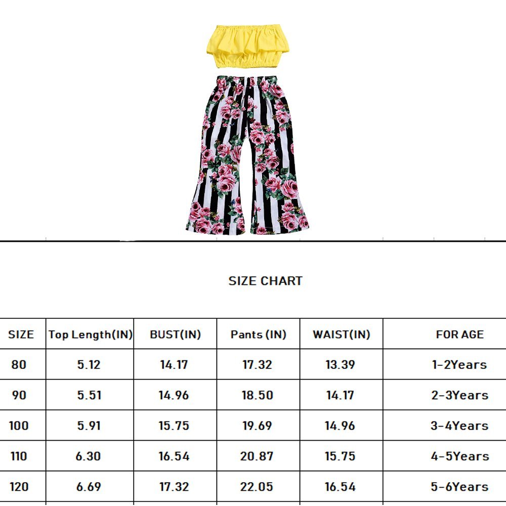 2Pcs Baby Girls Off-Shoulder Crop Tops+ Long Floral Striped Flare Pants Infant Summer Outfits Clothes Set(3-4T)
