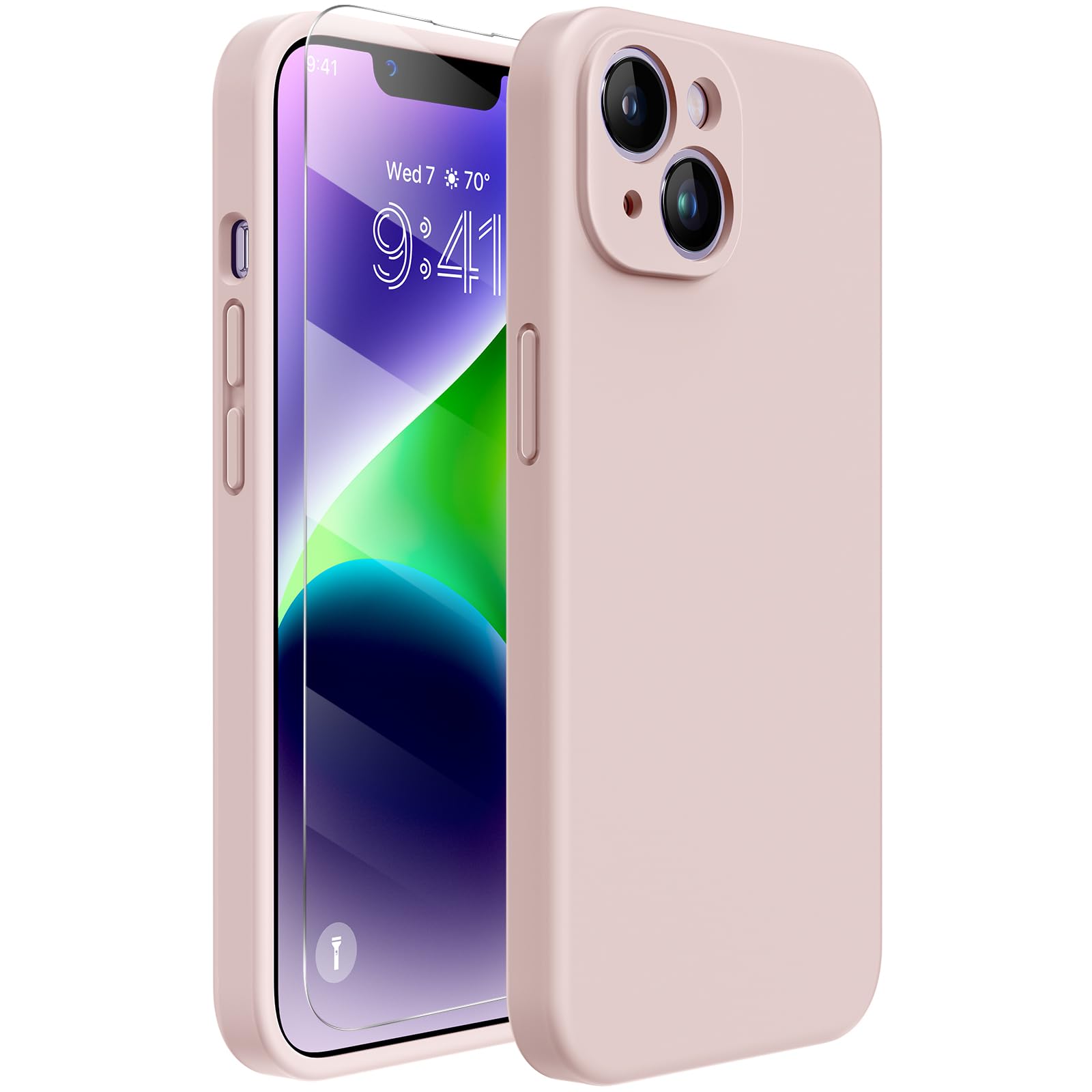 Photo 1 of Miracase Designed for iPhone 14 Case with Screen Protector, [Upgraded Enhanced Camera Protection], Shockproof Liquid Silicone Case with Microfiber Lining, 6.1 inch, Sand Pink