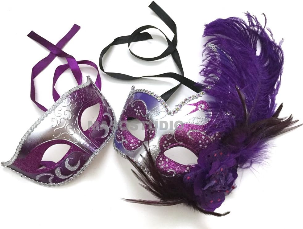 Amazon Com Masqstudio Couples Silver Purple Masquerade Ball Mask With Feather Mardi Gras Prom Dance Quincenera Birthday Party Purple Home Kitchen