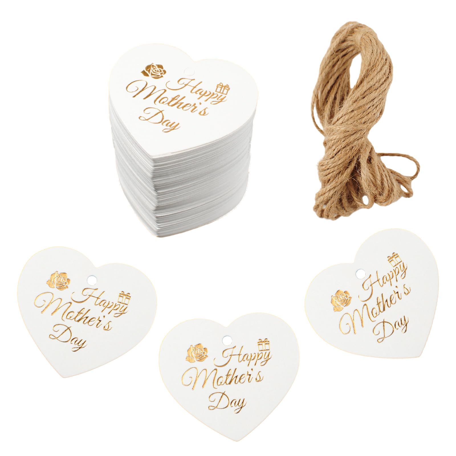 URROMA Mother's Day White Heart Gift Tags, 100 Pcs Happy Mother's Day Labels Paper Hang Tags with String Festival Party