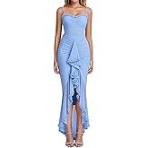 KUTUMAI Elegant Ruffle Long Formal Wedding Guest Dress Ruched Bodycon Slit Maxi Cocktail Dresses for Women