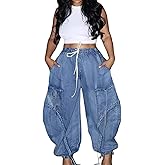Molisry Women's Drawstring Wide Leg Jeans High Wasited Y2K Harem Baggy Pants Denim Casual Streetwear