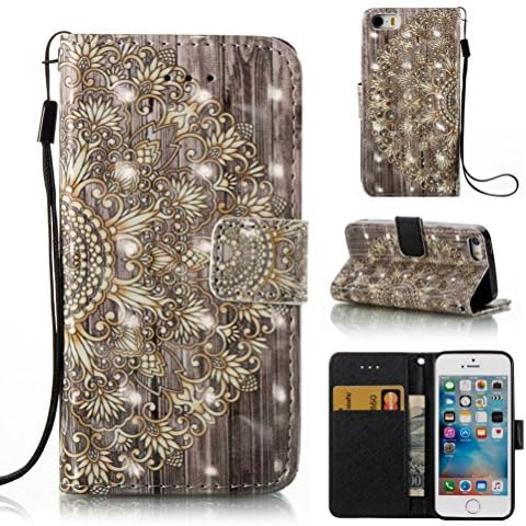 iphone se case, Lightweight PU Leather wallet case Kickstand wrist strap flip folio cover card holder gift for daughter sun girlfriend for iphone se-flower2