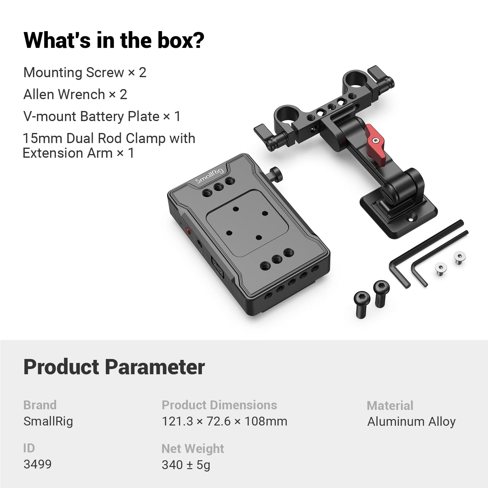 SmallRig V-Mount Battery Adapter Plate, V-Lock Battery Plate with Dual D-TAP and DC Ports, Adjustable Arm and 15 mm Rod Clamp, Compact V-Mount Battery Plate for Cameras, Monitors, Transmitter - 3499