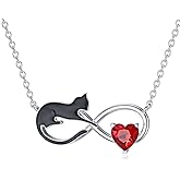 Reaii Natural Garnet Black Cat Necklace for Women - 925 Sterling Silver Infinity and Cat Pendant - Black Cat Jewelry Gift