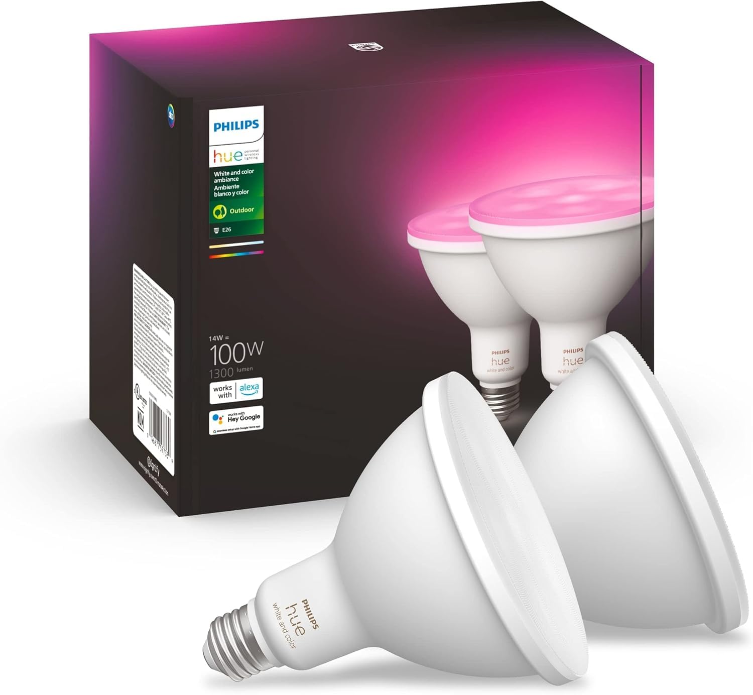 Photo 1 of Philips Hue Smart 100W PAR38 LED Bulb - White and Color Ambiance Color-Changing Light - 2 Pack - 1300LM - E26 - Outdoor - Control with Hue App - Works with Alexa, Google Assistant and Apple Homekit