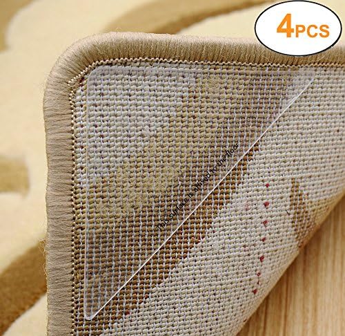 Yesreal Rug Grippers System, Reusable Rubber Anti skid Pad (4 PCS) and Strong Sticky Double Sided Carpet Tape (4 PCS) (4PCS, Clear)
