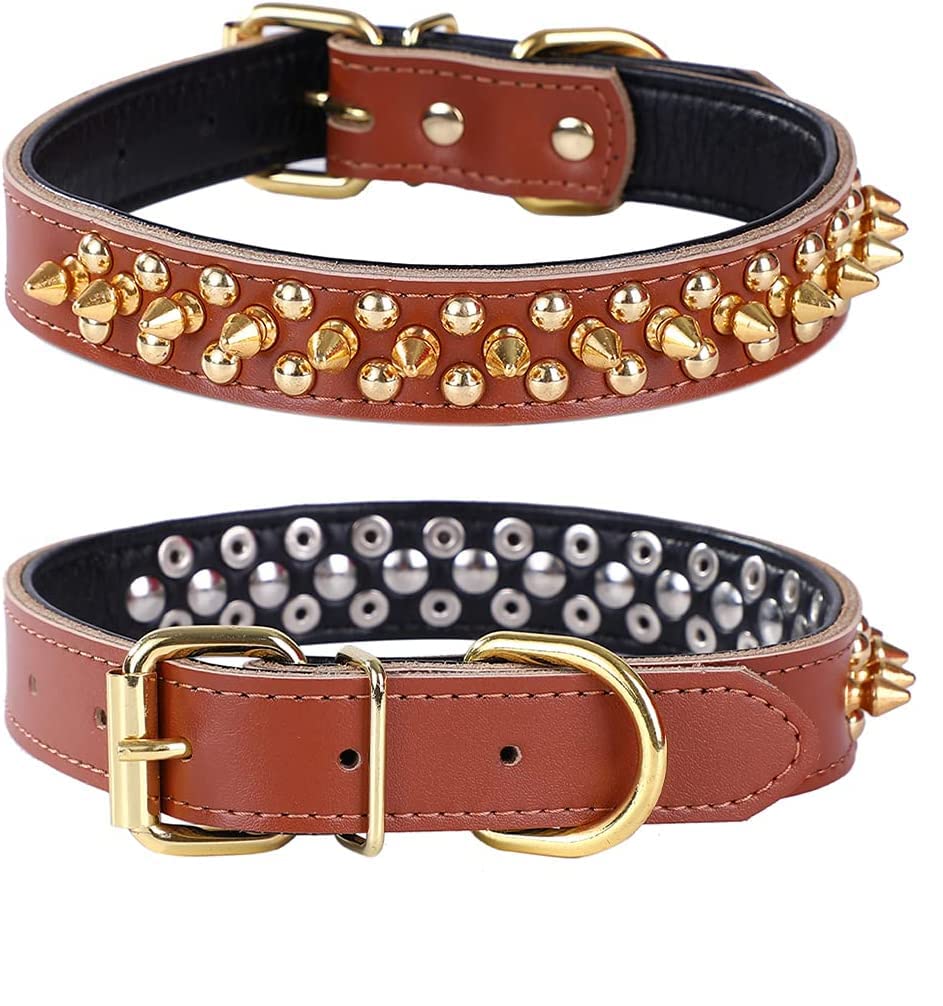 haoyueer Spiked Studded Dog Collar, Genuine Leather Dog Collar, Adjustable Pet Collars for Medium Large Bulldog Pitbull Mastiff Poodle Boxer (M, Brown)