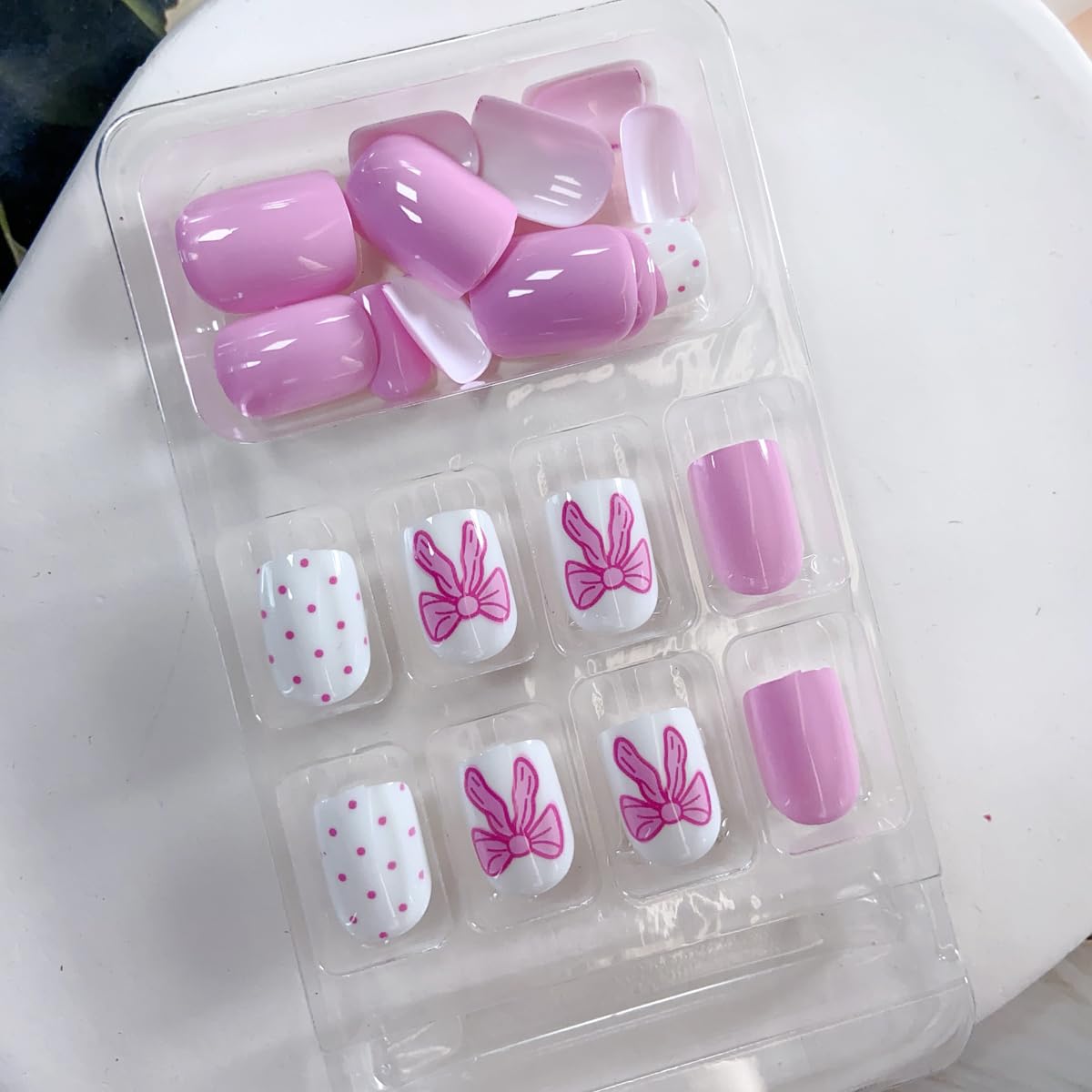Pink Press on Nails Short Square Cute Fake Nails Valentine’s Day Press on Nails with Bow-Knot Designs Pink Acrylic Nails Full Cover Valentines Nails Glue on False Nails with Designs for Women 24PCS - Image 4