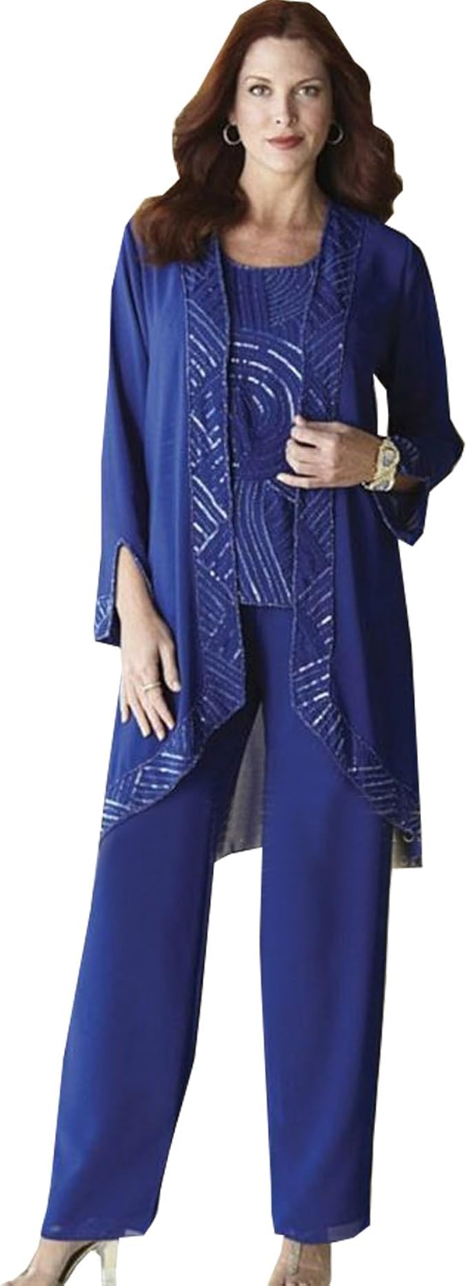 everdress Women's Round Neck Blue Chiffon 3 Pieces Pant Suits with Long