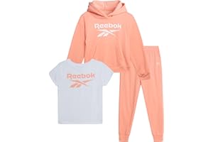 Reebok Girls Pants Set - 3 Piece Soft Fleece Pullover Hoodies Short Sleeve Graphic Tee and Jogger Sweatpants Sweatsuit Set