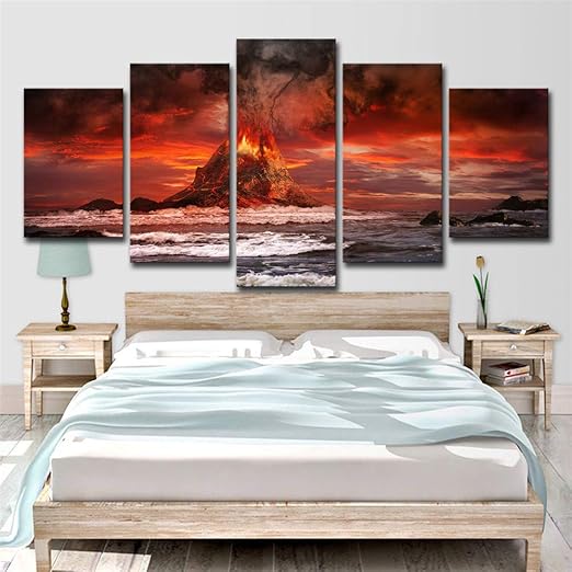 5 Paneles Arte De La Pared Volcan Yinshan Mar Pintura Marina