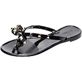 OMGard Studded Jelly Shoes for Womens Bow Flip Flops Jellies Sandals Flat Black Summer Beach Thong with Rivets Strappy Slides Slip On