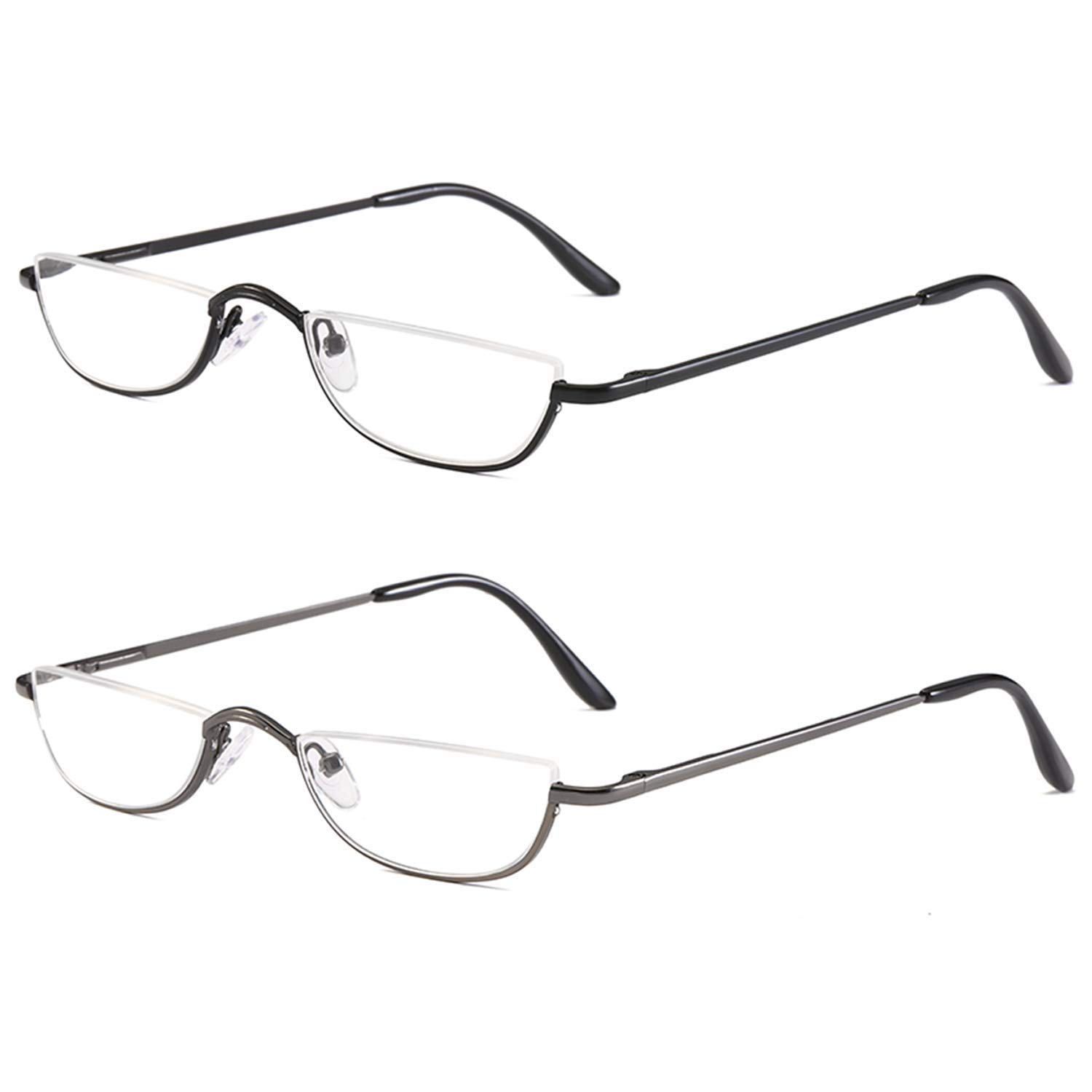 KoKoBin 2-Pack Half Frame Reading Glasses Spring Hinges for Men Women Slim Half Moon Lens Readers Metal Semi Rimless Eyewear +3.0