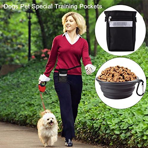 Pet Puppy Dog Treat Training Pouch Bag + a Collapsible Travel Bowl,Treat Poop Bag With Adjustable Waist Belt 2 Zippered Pockets