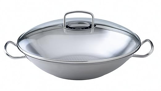 Fissler Wok original-profi collection – Edelstahl Pfanne – Wokpfanne hoch – mit Glasdeckel 35 cm Ø – Induktion, Ceran, Elektr