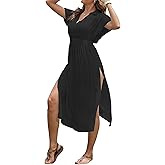 Bsubseach Women's Long Swimsuit Coverup 2025 Casual V Neck Beach Dress Short Sleeve Elastic Waist Swimwear Cover Ups