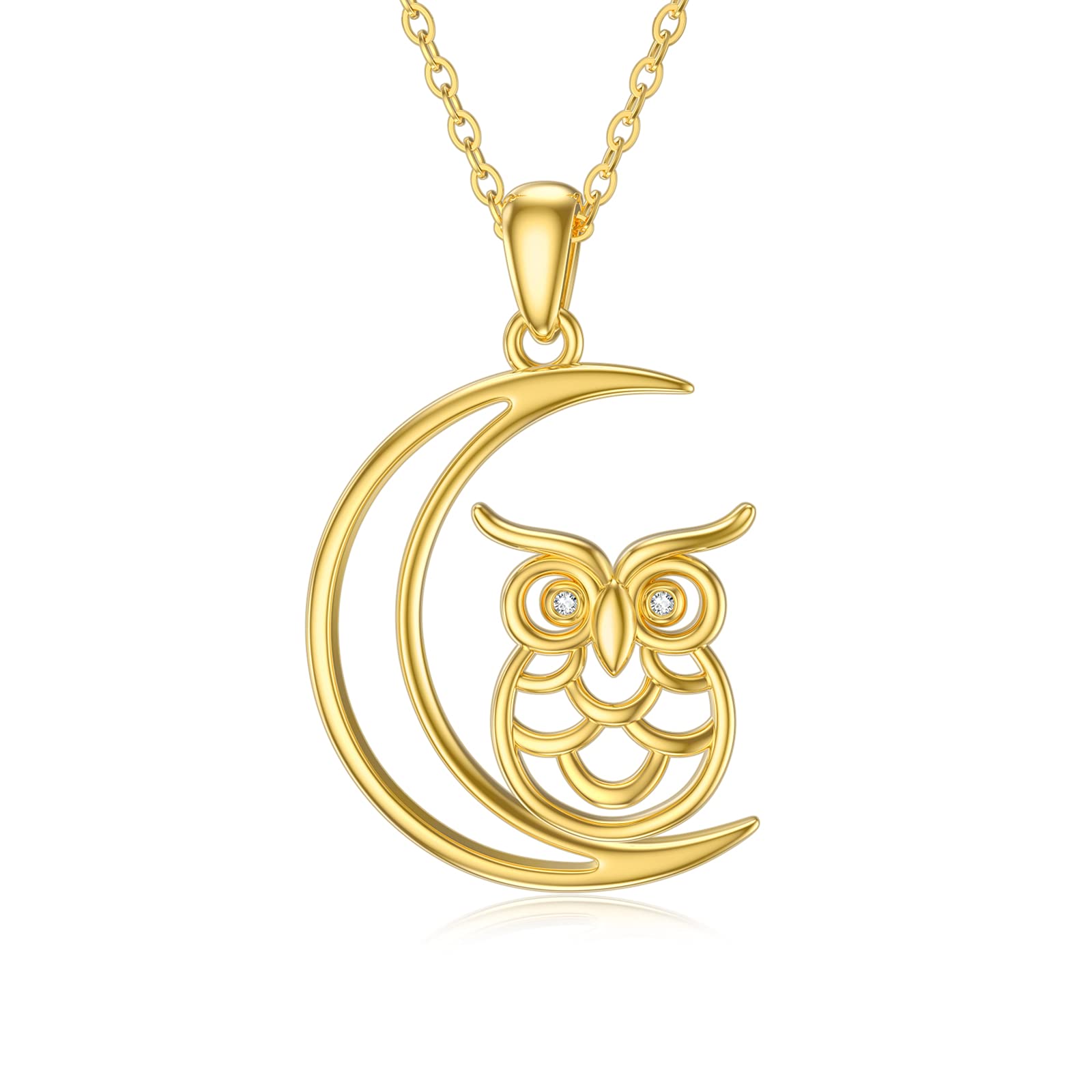 YDD 9ct Yellow Gold Owl and Moon Necklace for Women, Pure Gold Owl Gifts for Women Owl Jewellery 16+1+1 inch (Owl)