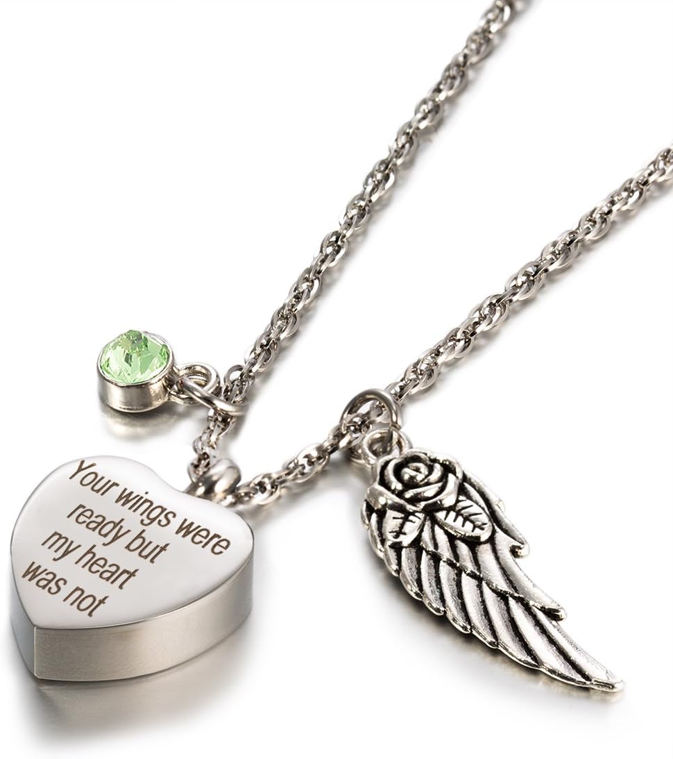 Glimkis Memorial Jewelry Necklace, Angel Wings Cremation Jewelry Birthstone Memorial Ash Keepsake Necklace
