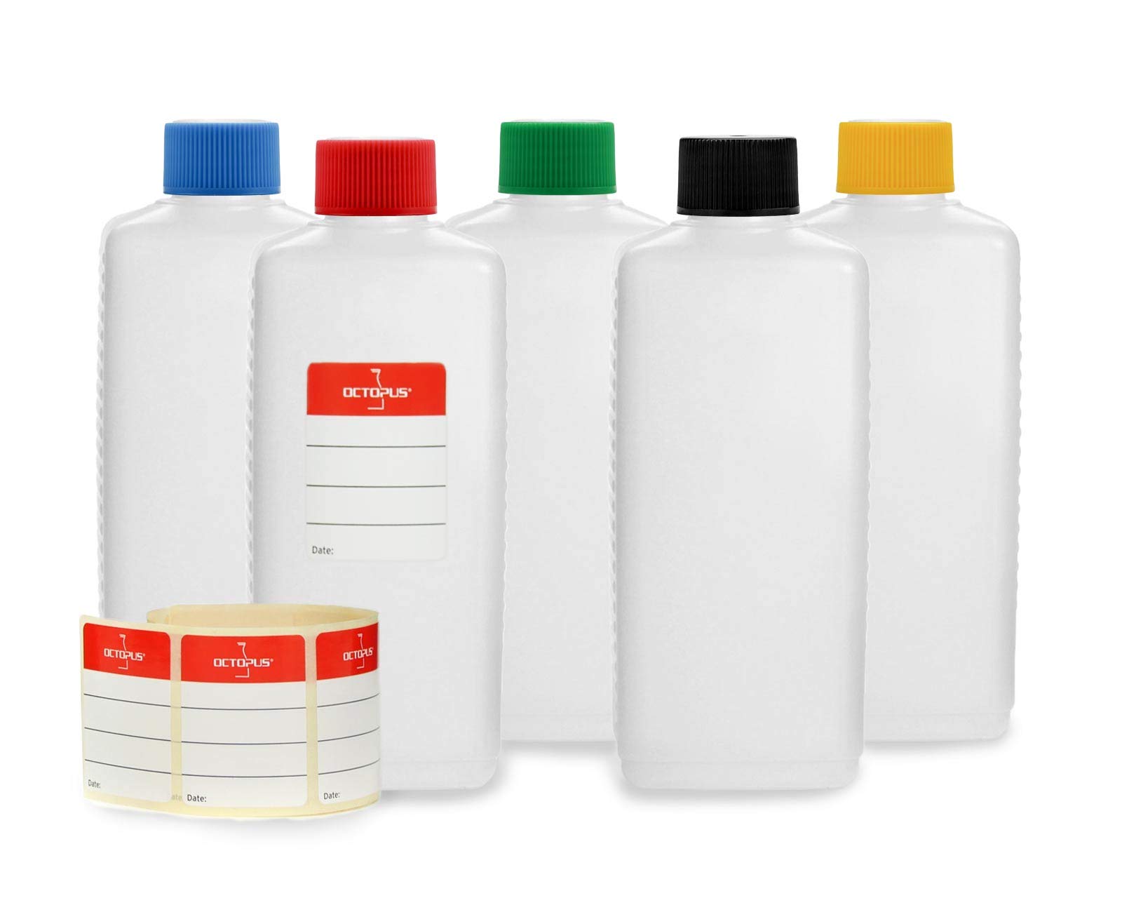 Octopus 5 x 250 ml plastic bottles, HDPE plastic bottles with colorful screw caps, empty bottles with colorful screw caps, square bottles incl. 5 labels