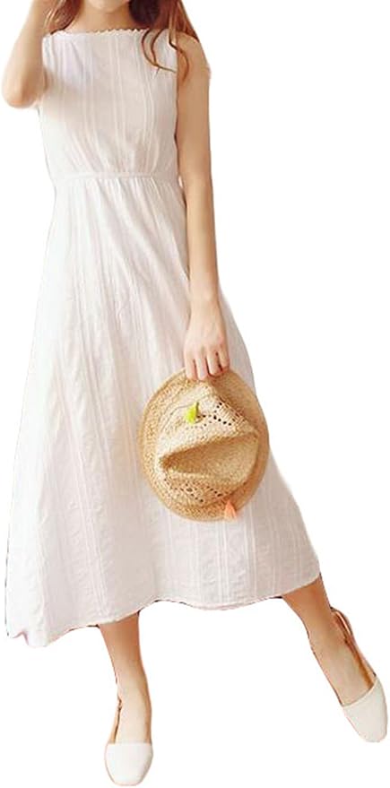 Amazon Co Jp Bscoolレディース ロング ワンピース 無地 シンプル 白ワンピース ノースリーブ カジュアル 夏 ワンピース フェミニン かわいい ワンピース B白 服 ファッション小物