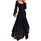 URYIAO Women's Formal Long Sleeve Maxi Dress Asymmetrical Hem Square Neck Mesh Wedding Guest Cocktail Dresses
