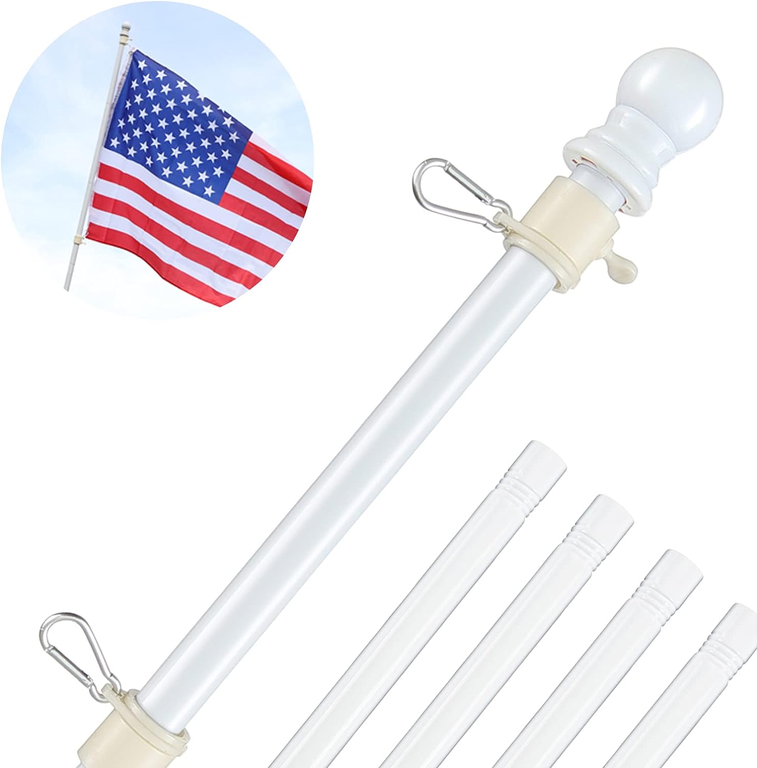 Flagpole Hardware - White Flag Poles for Outside House - 5ft Tangle Free Flag Pole for House,Heavy Duty Metal Flagpole Hardware for 3x5 American Flags,Outdoor Flagpoles Mount for Porch,Car,Truck,Boat (without Bracket)