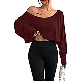 HDQHDQ Womens Sexy Boat Neck Tops Off Shoulder Long Sleeve Crop Tops Casual Oversized Tshirt